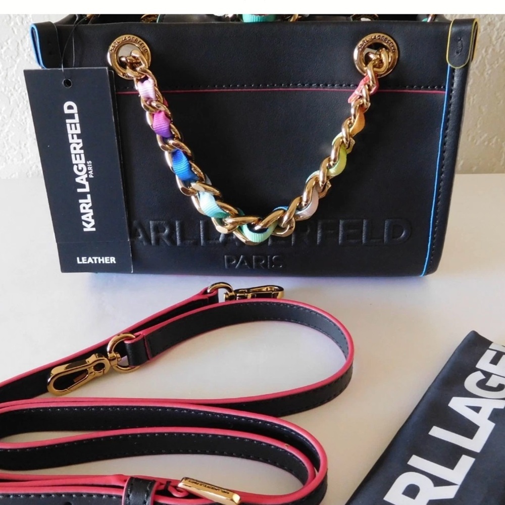 Karl Lagerfeld Paris Savoie Small Leather Black Crossbody with Multicolor Chain - Picture 1 of 13